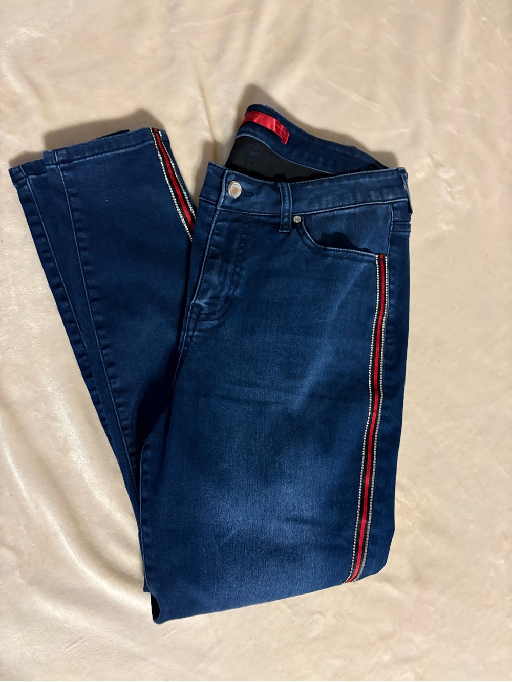 Jennifer Lopez Navy Slim Straight Jeans with Red & White Side Stripe